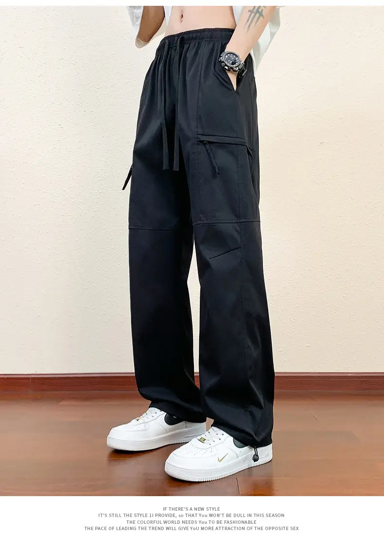 Men's Black Cargo Pants Straight Loose Spring Summer Casual — feature 17