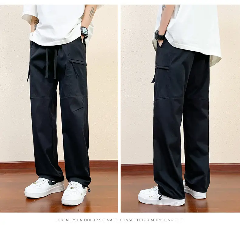 Men's Black Cargo Pants Straight Loose Spring Summer Casual — feature 18