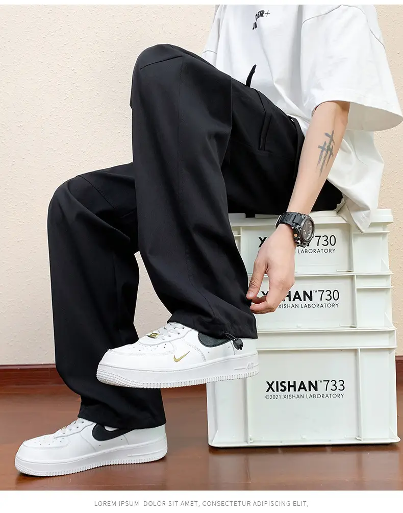 Men's Black Cargo Pants Straight Loose Spring Summer Casual — feature 20