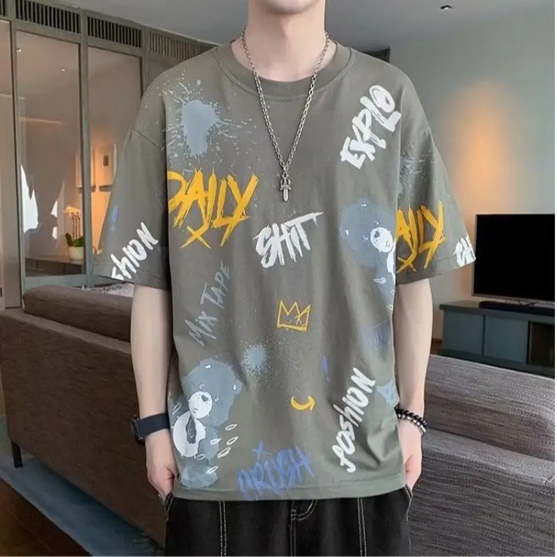 Men Printed Short Sleeve T-Shirt Brown Casual Summer - Image 2