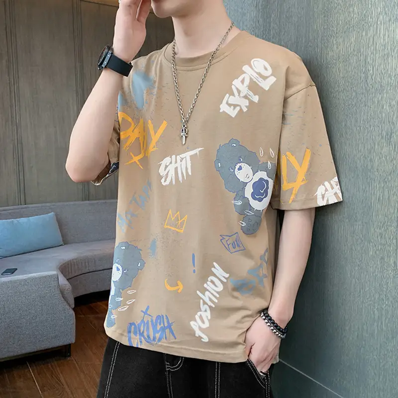 Men Printed Short Sleeve T-Shirt Brown Casual Summer - Image 4