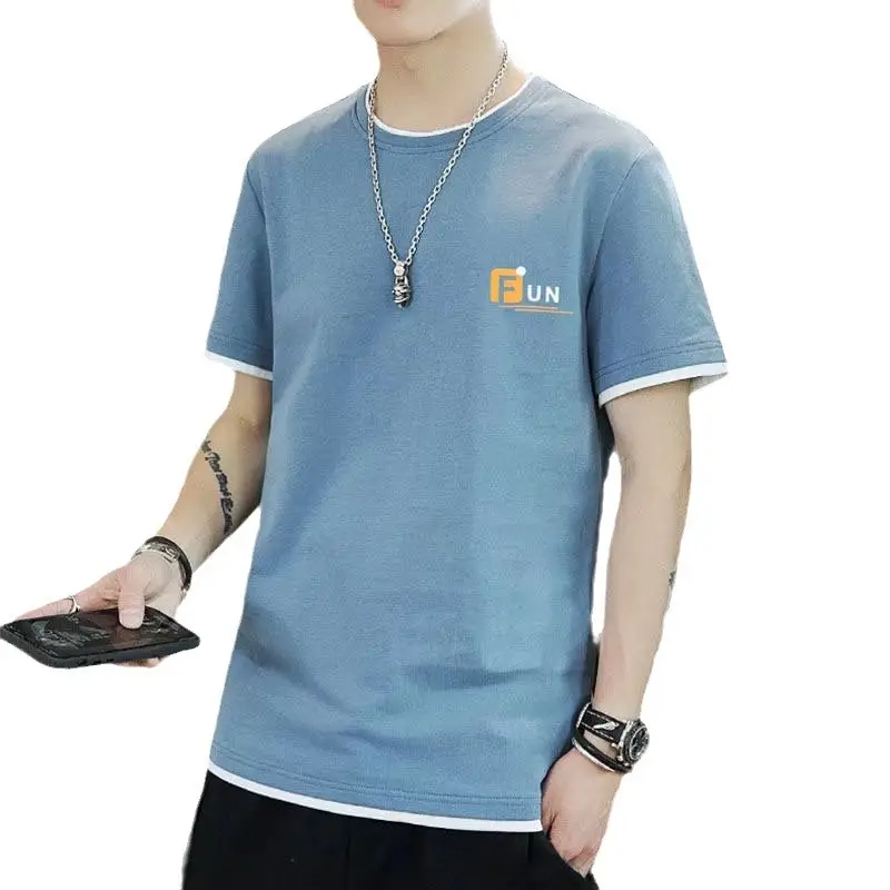 Men Blue Thin Ice Silk Summer T-Shirt with Logo - Image 9
