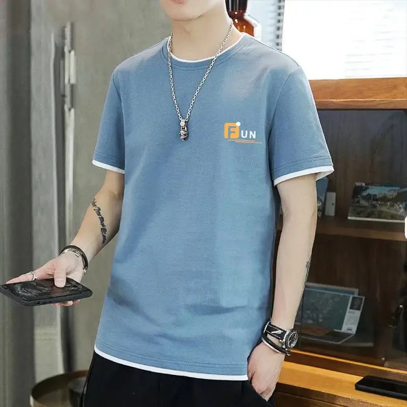 Men Blue Thin Ice Silk Summer T-Shirt with Logo - Image 5