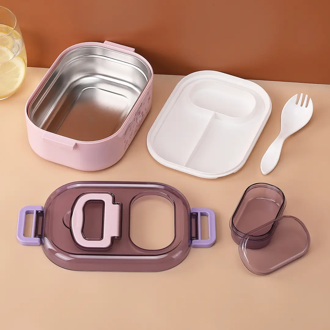 New Cute Cartoon Student 304 Stainless Steel Dinner Plate with Spoon School Children Lunch Box Insulated Lunch Box