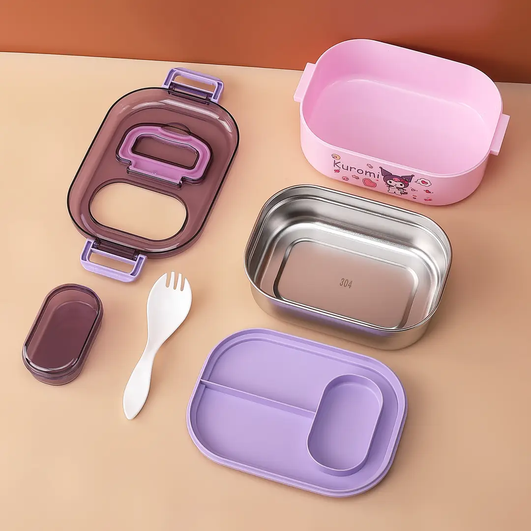 New Cute Cartoon Student 304 Stainless Steel Dinner Plate with Spoon School Children Lunch Box Insulated Lunch Box
