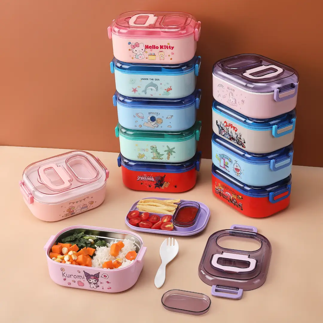 New Cute Cartoon Student 304 Stainless Steel Dinner Plate with Spoon School Children Lunch Box Insulated Lunch Box — feature 1
