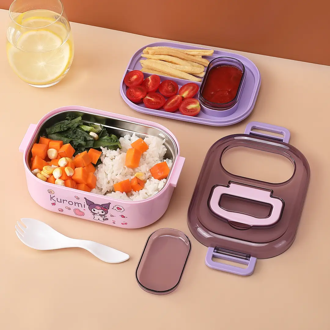 New Cute Cartoon Student 304 Stainless Steel Dinner Plate with Spoon School Children Lunch Box Insulated Lunch Box — feature 2
