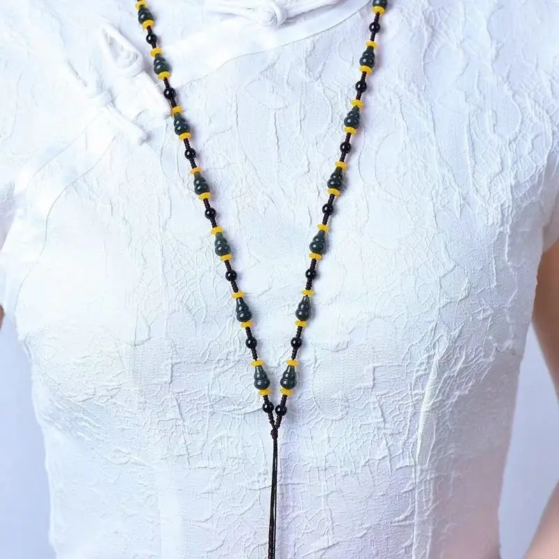Natural Jade Lanyard Necklace with Bamboo Gourd Pendant