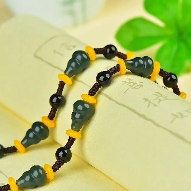 Natural Jade Lanyard Necklace with Bamboo Gourd Pendant