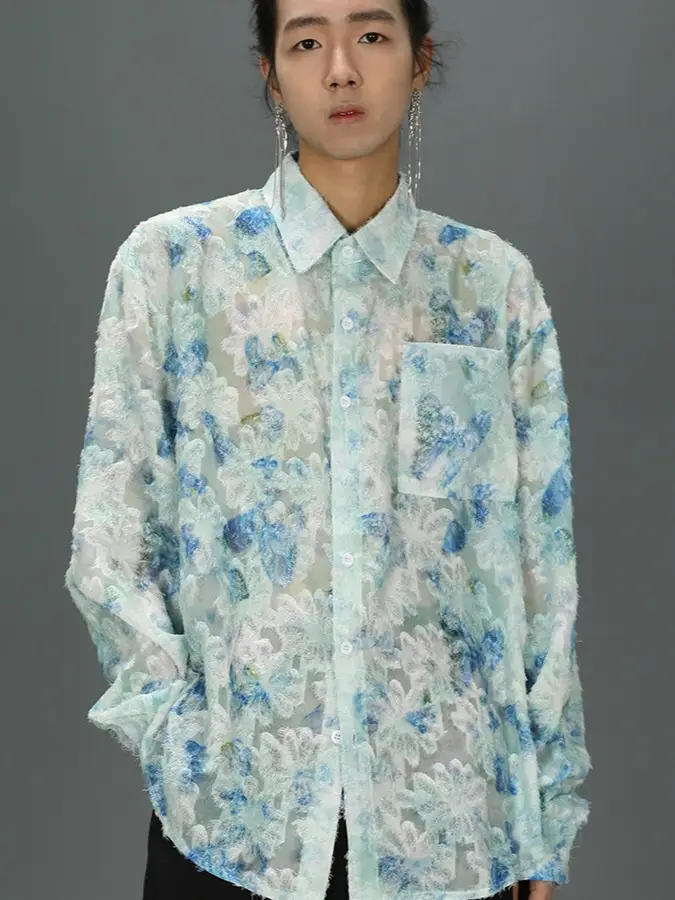 Men's Floral Long Sleeve Shirt Pink Pants Set