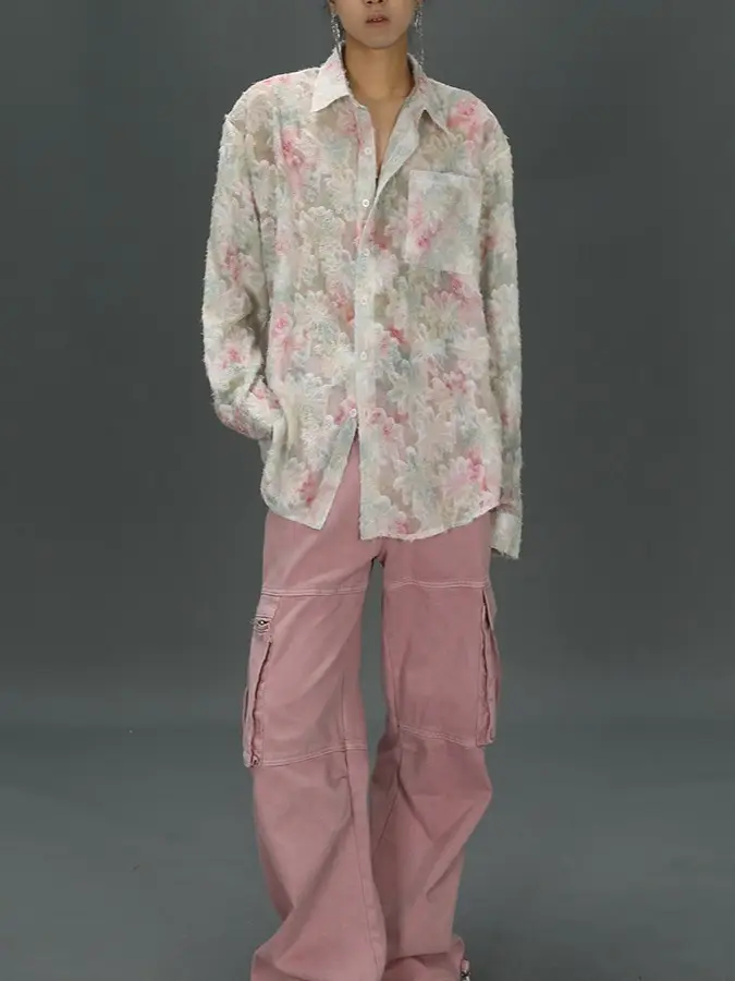 Men's Floral Long Sleeve Shirt Pink Pants Set