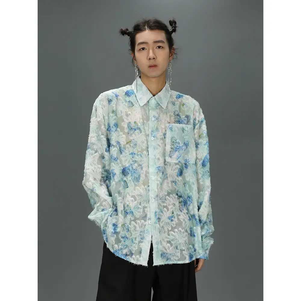 Men's Floral Long Sleeve Shirt Pink Pants Set — feature 10