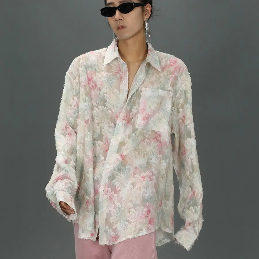 Men's Floral Long Sleeve Shirt Pink Pants Set — feature 4