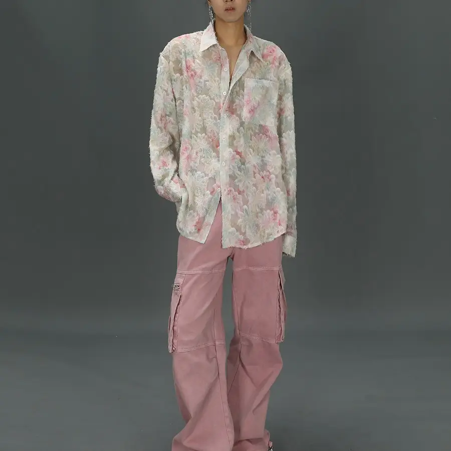 Men's Floral Long Sleeve Shirt Pink Pants Set — feature 8