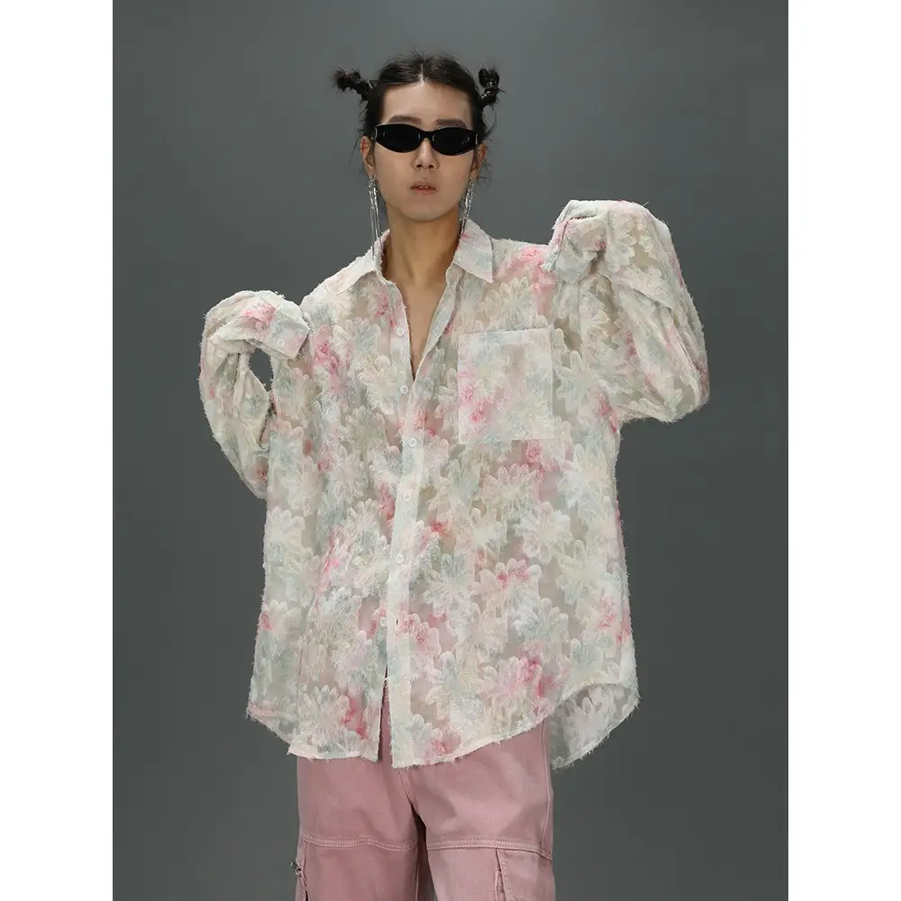 Men's Floral Long Sleeve Shirt Pink Pants Set — feature 9