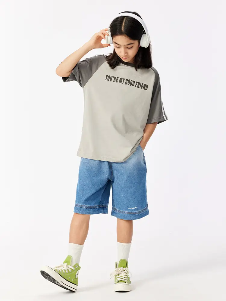 Kids Summer T-Shirt Gray Loose Fit Retro Japanese Style - Image 7