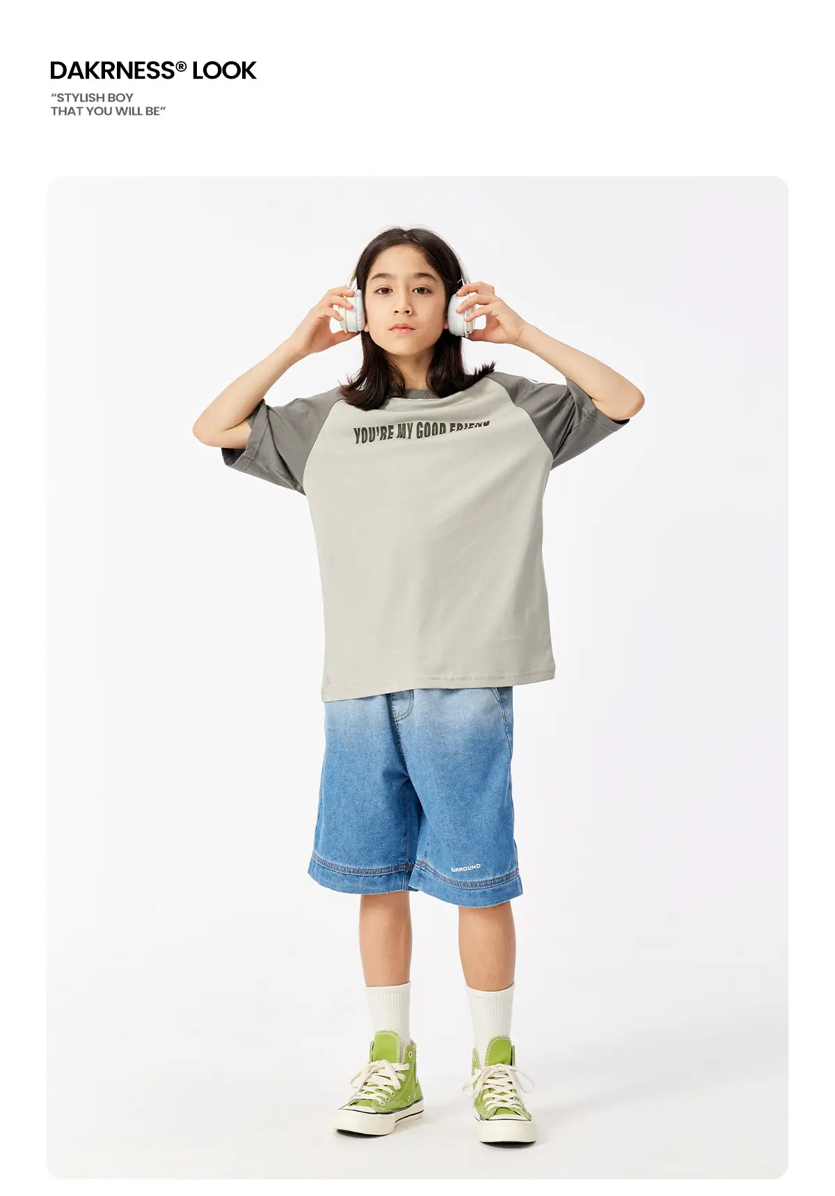 Kids Summer T-Shirt Gray Loose Fit Retro Japanese Style — feature 12