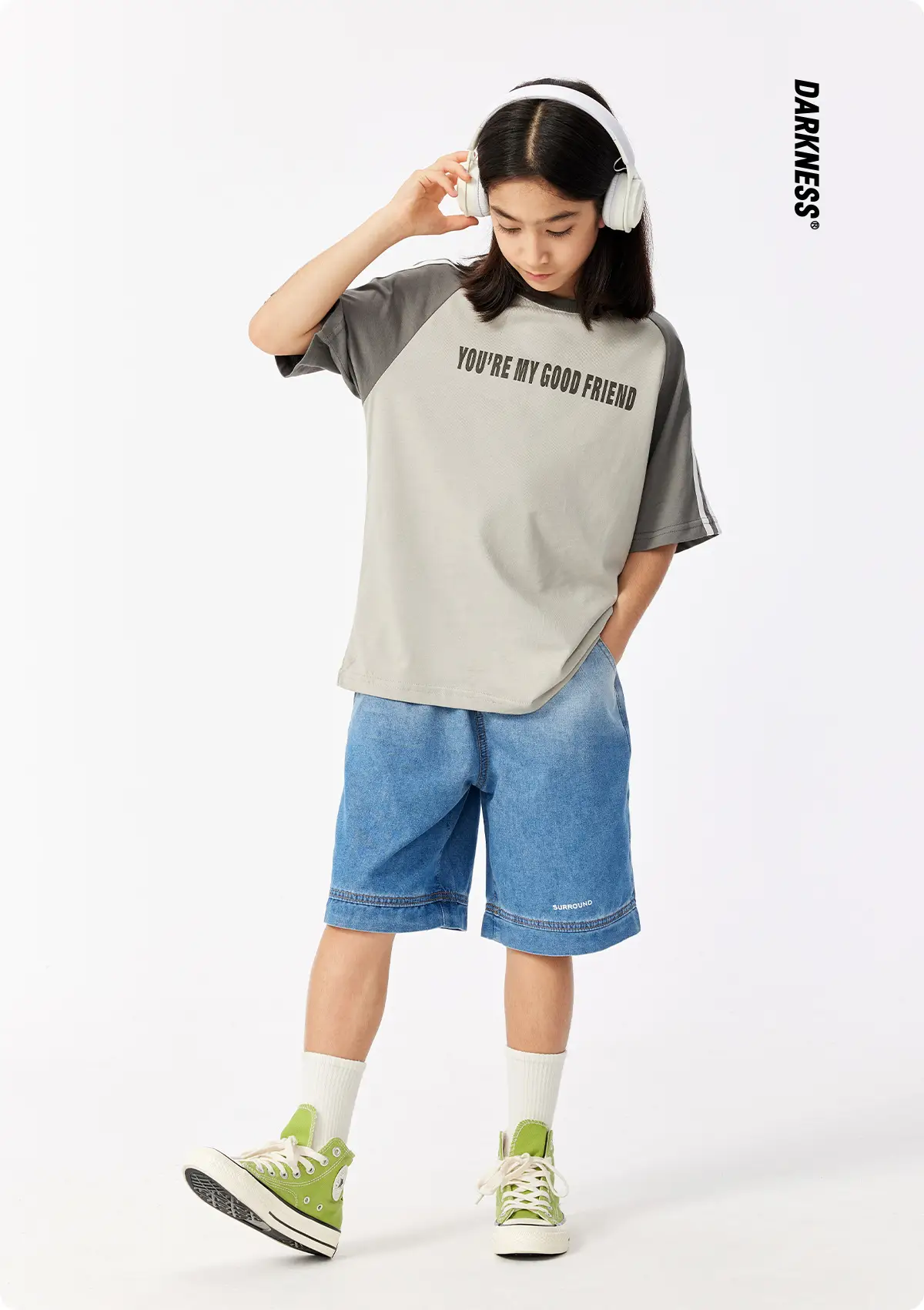Kids Summer T-Shirt Gray Loose Fit Retro Japanese Style — feature 3