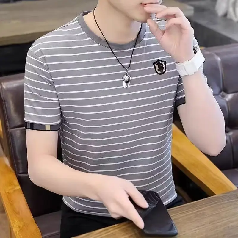 Men Striped Ice Cool T-Shirt Short Sleeve Slim Fit - Image 4