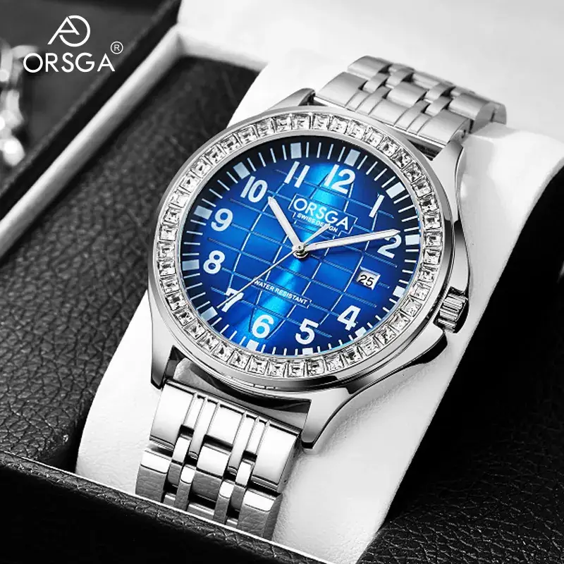 Oshica Men's Diamond Calendar Watch Solid Steel Blue Dial