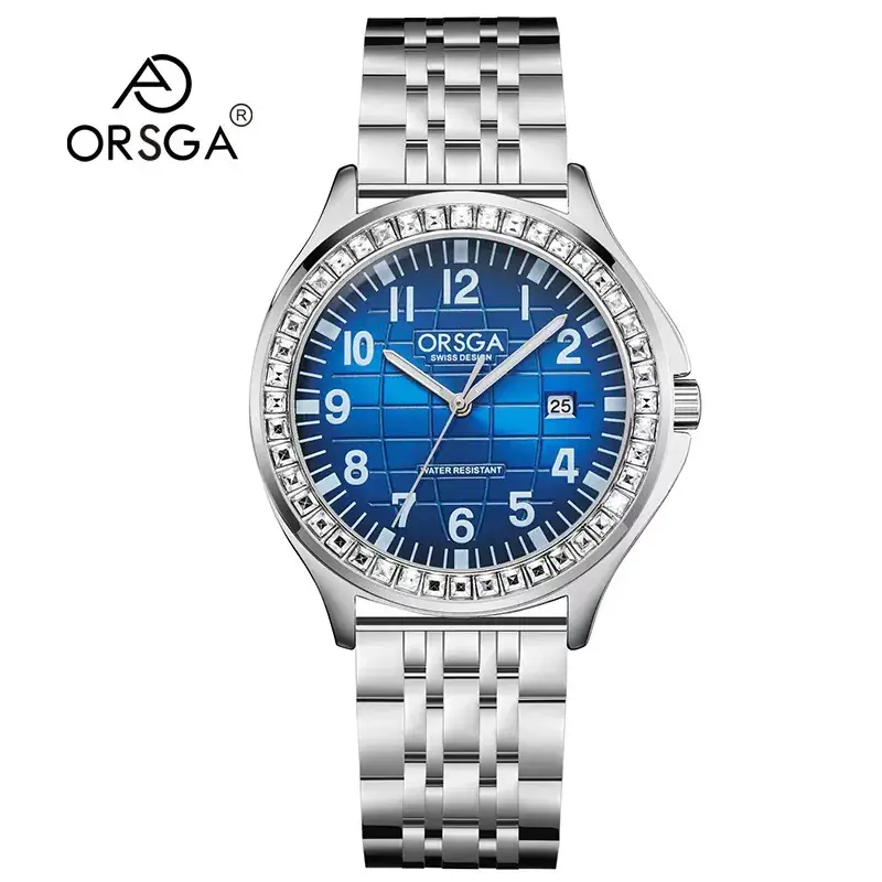 Oshica Men's Diamond Calendar Watch Solid Steel Blue Dial - Image 7