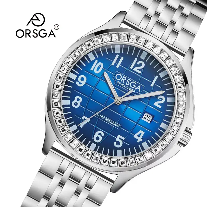 Oshica Men's Diamond Calendar Watch Solid Steel Blue Dial — feature 3
