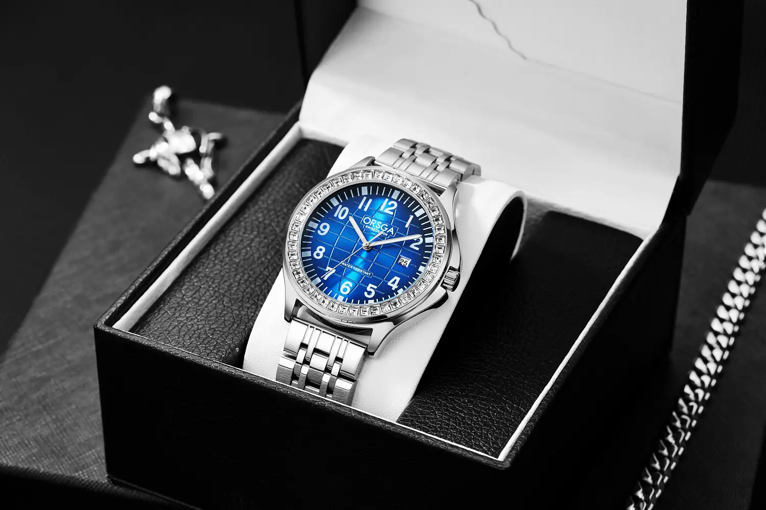 Oshica Men's Diamond Calendar Watch Solid Steel Blue Dial — feature 6