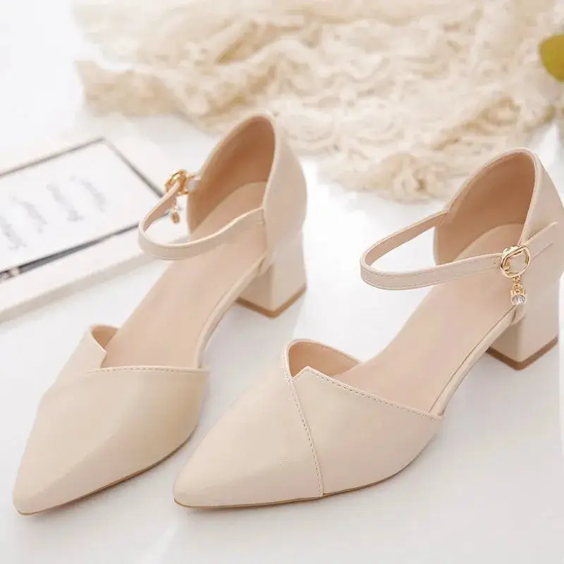 Soft Leather Mid-Heel Comfortable Pointed Summer Bridesmaid Thick Heel Buckle Baotou Hollow Shallow Mouth All-Match Elegant Sandals for Women - Image 4