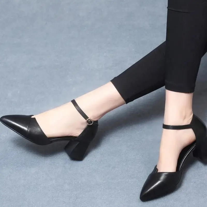 Soft Leather Mid-Heel Comfortable Pointed Summer Bridesmaid Thick Heel Buckle Baotou Hollow Shallow Mouth All-Match Elegant Sandals for Women - Image 5