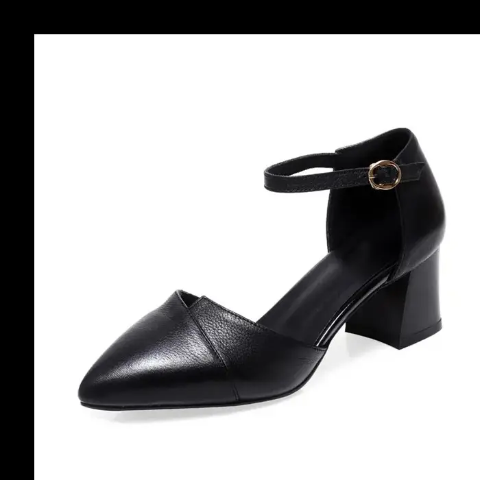 Soft Leather Mid-Heel Comfortable Pointed Summer Bridesmaid Thick Heel Buckle Baotou Hollow Shallow Mouth All-Match Elegant Sandals for Women - Image 7