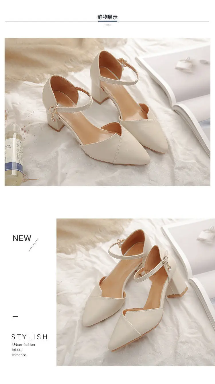 Soft Leather Mid-Heel Comfortable Pointed Summer Bridesmaid Thick Heel Buckle Baotou Hollow Shallow Mouth All-Match Elegant Sandals for Women — feature 10