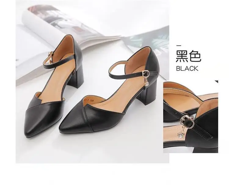 Soft Leather Mid-Heel Comfortable Pointed Summer Bridesmaid Thick Heel Buckle Baotou Hollow Shallow Mouth All-Match Elegant Sandals for Women — feature 3