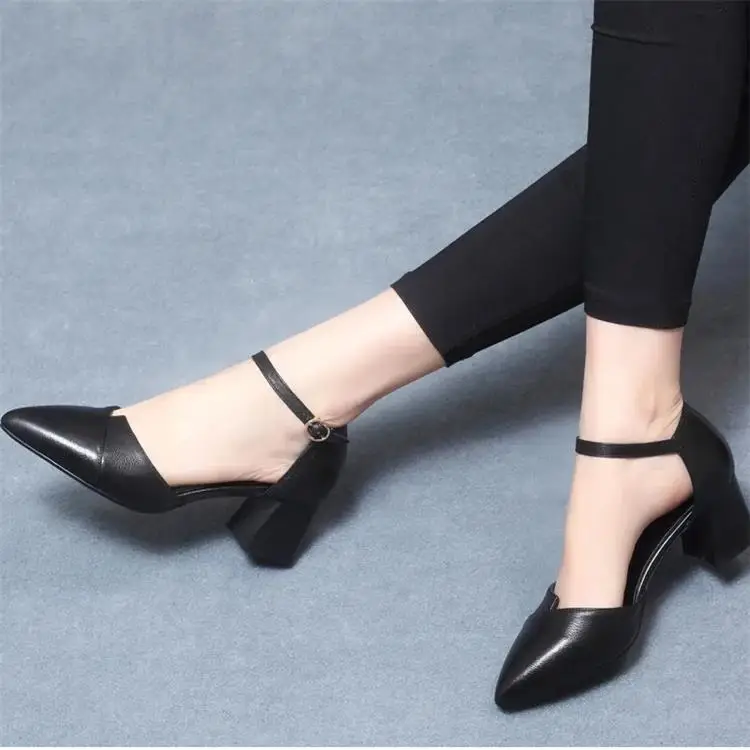 Soft Leather Mid-Heel Comfortable Pointed Summer Bridesmaid Thick Heel Buckle Baotou Hollow Shallow Mouth All-Match Elegant Sandals for Women — feature 6