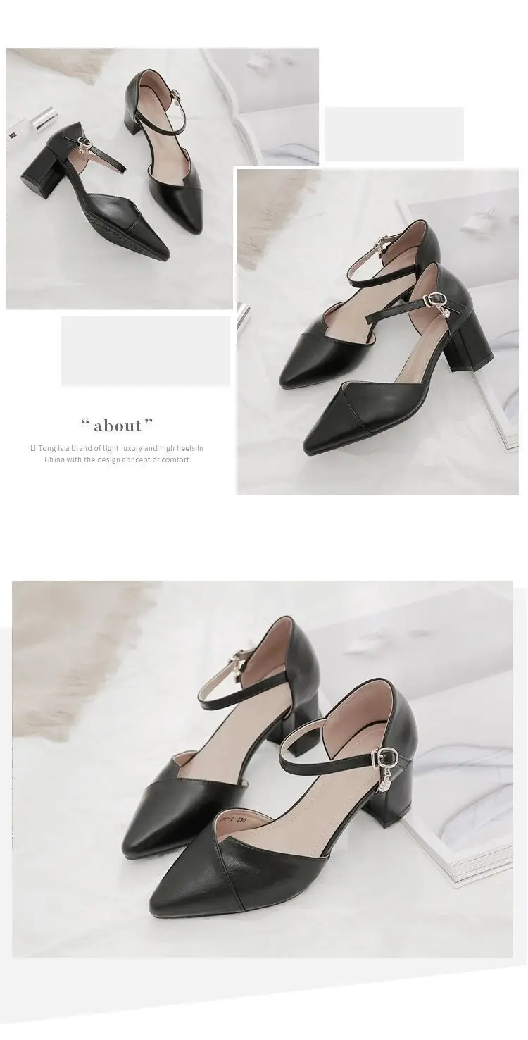 Soft Leather Mid-Heel Comfortable Pointed Summer Bridesmaid Thick Heel Buckle Baotou Hollow Shallow Mouth All-Match Elegant Sandals for Women — feature 7