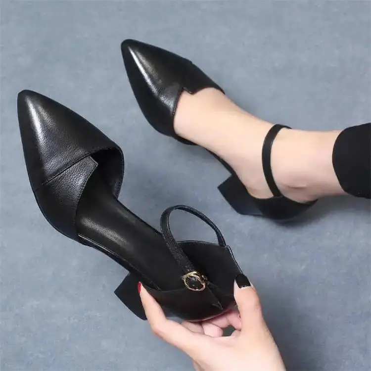 Soft Leather Mid-Heel Comfortable Pointed Summer Bridesmaid Thick Heel Buckle Baotou Hollow Shallow Mouth All-Match Elegant Sandals for Women — feature 8