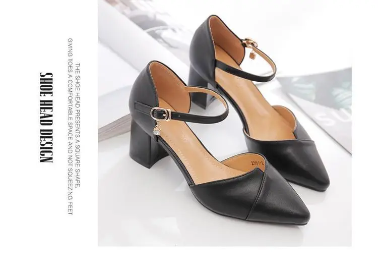 Soft Leather Mid-Heel Comfortable Pointed Summer Bridesmaid Thick Heel Buckle Baotou Hollow Shallow Mouth All-Match Elegant Sandals for Women — feature 9