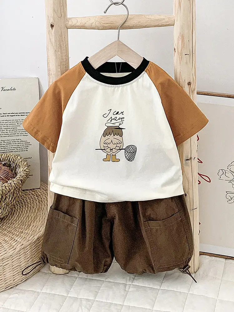 2024 Summer New Boys Suit Brown White Shorts T-Shirt