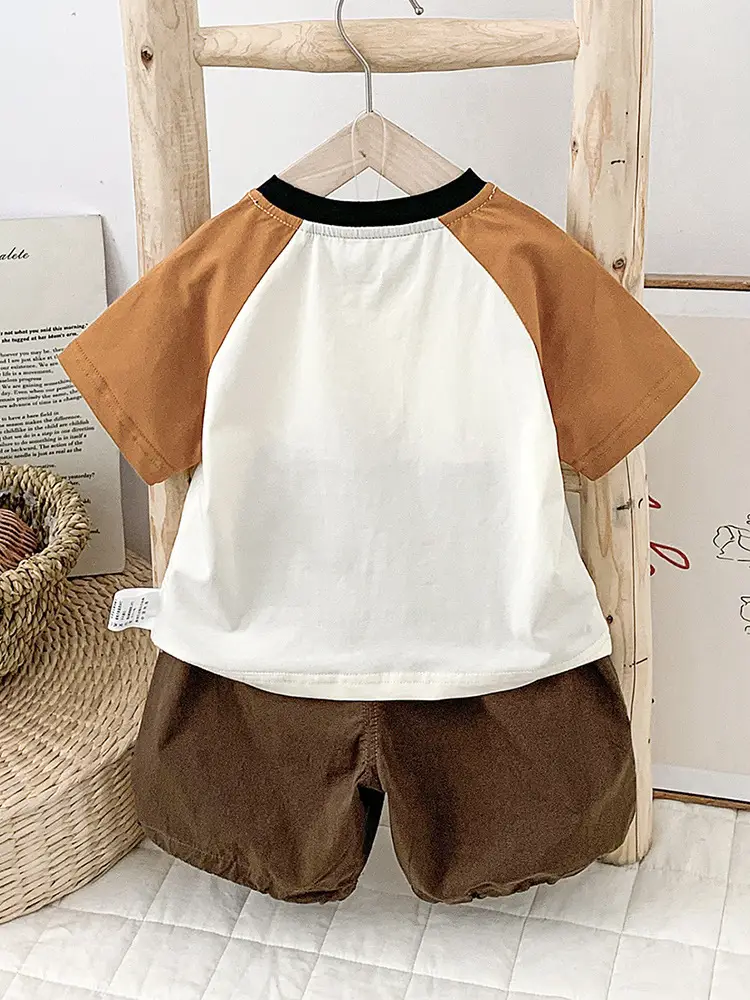 2024 Summer New Boys Suit Brown White Shorts T-Shirt - Image 6