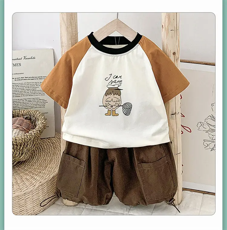2024 Summer New Boys Suit Brown White Shorts T-Shirt — feature 9