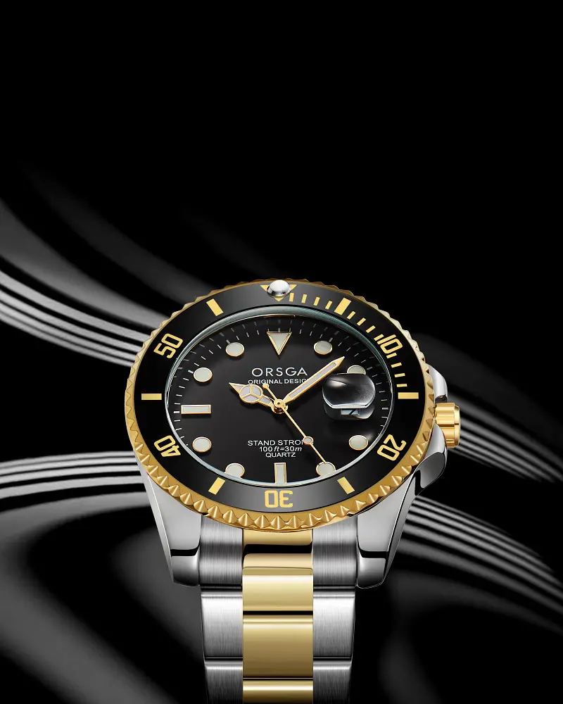 ORSGA Men's Black Dial Water Resistant Watch with Gold Case — feature 7