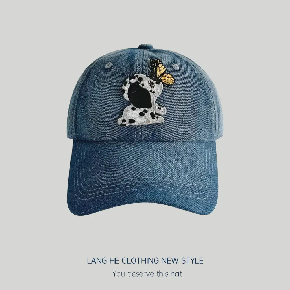 Cute Cartoon Cow Cowboy Cap Women's Blue Washable