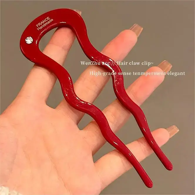 [with drill] dark red U-shaped hairpin