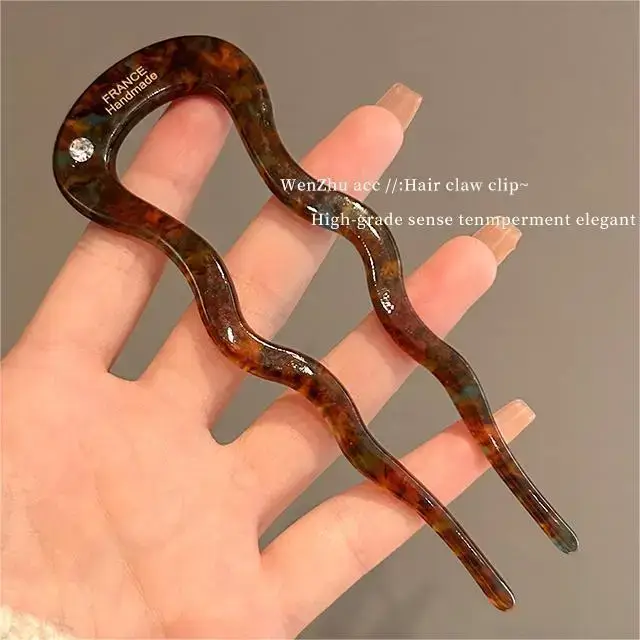 [with diamond] blue-brown U-shaped hairpin