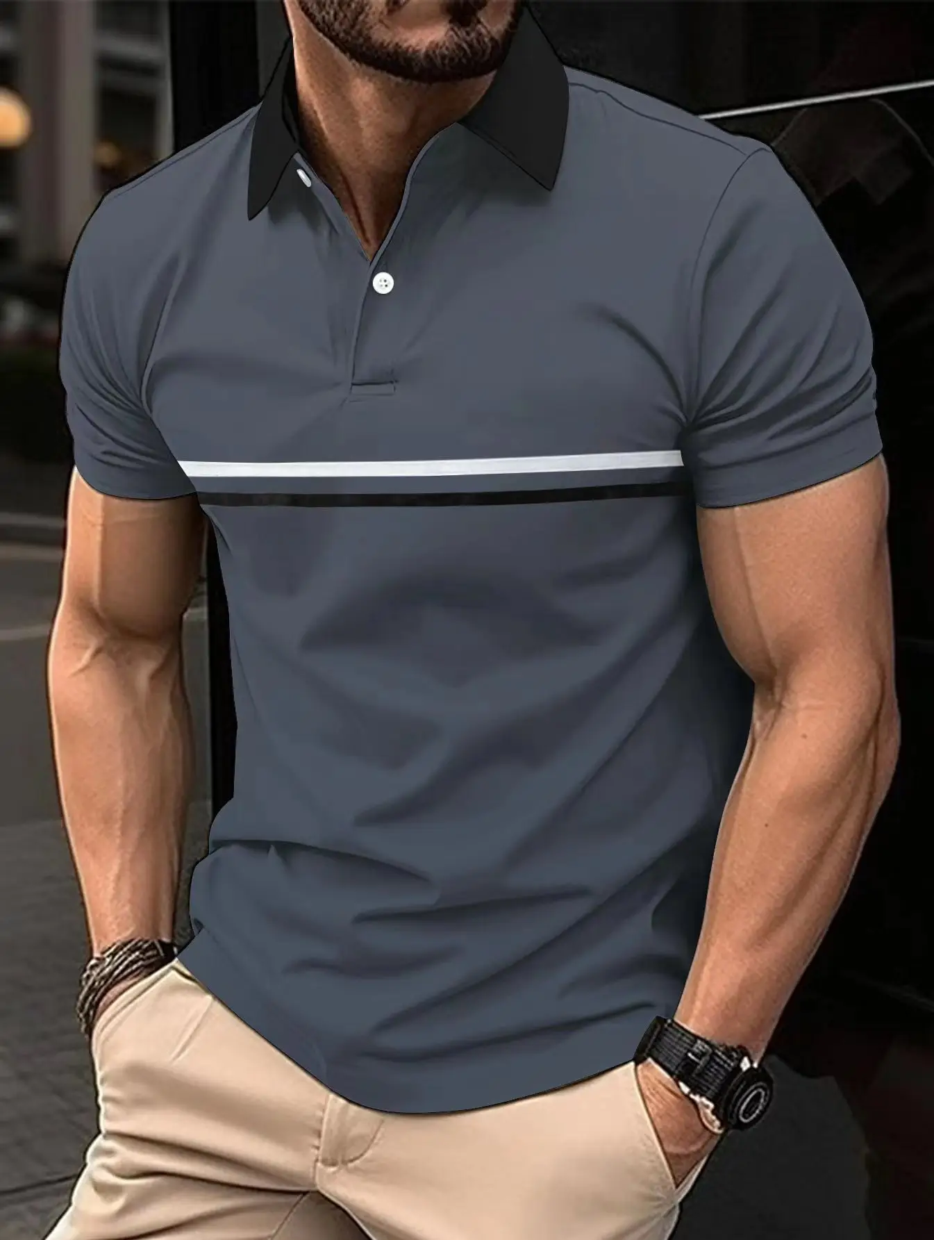 Men Navy Polo Shirt Muscle Sports Summer Wear - Image 8