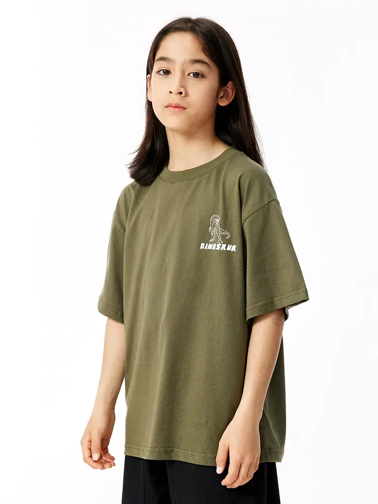 Kids Dinosaur Printed Cotton T-Shirt Olive Green - Image 5
