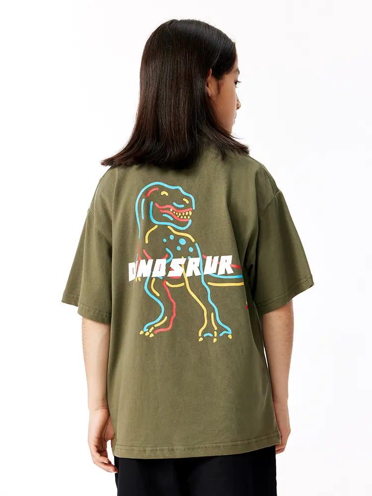 Kids Dinosaur Printed Cotton T-Shirt Olive Green - Image 6