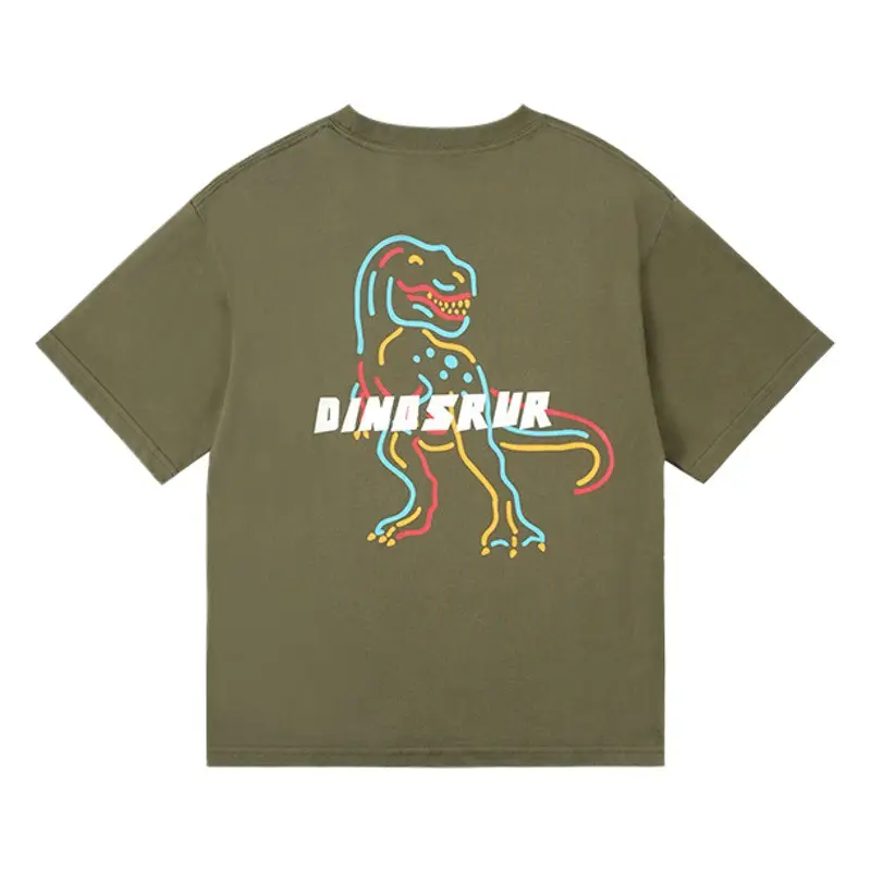 Kids Dinosaur Printed Cotton T-Shirt Olive Green