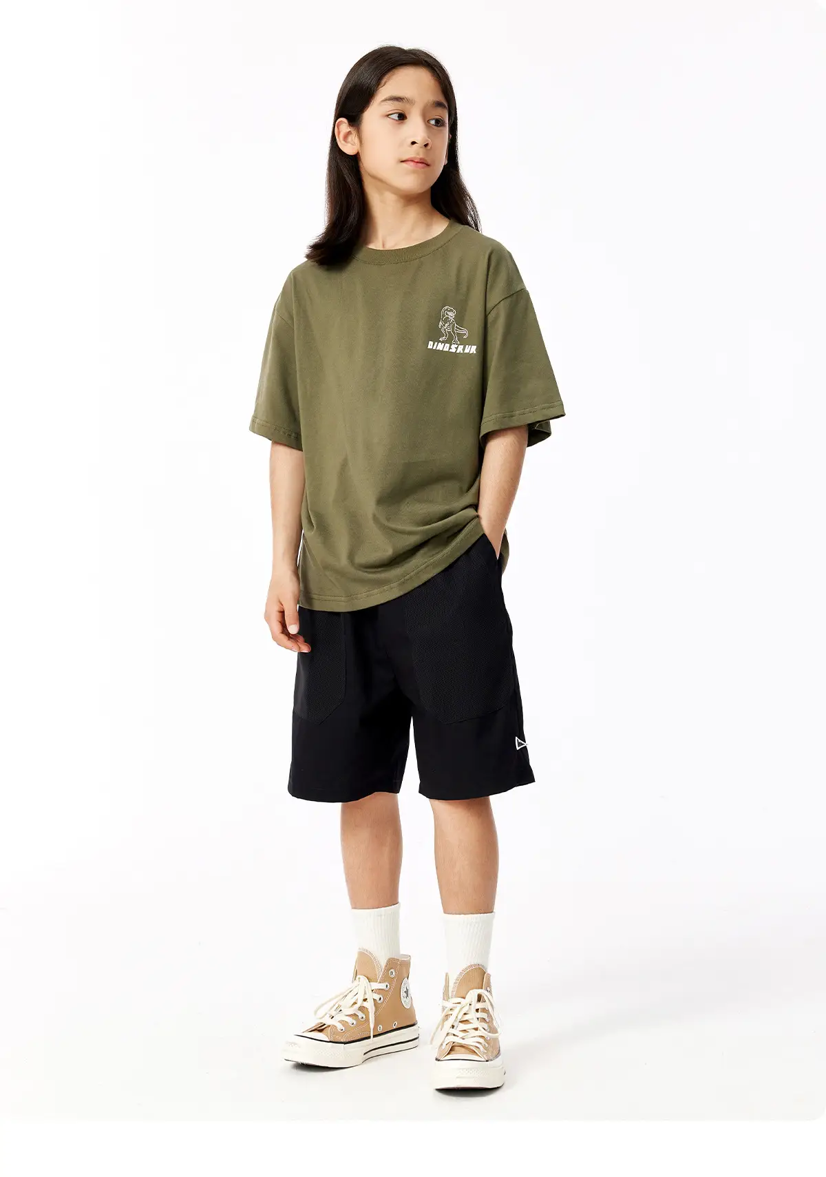 Kids Dinosaur Printed Cotton T-Shirt Olive Green — feature 14