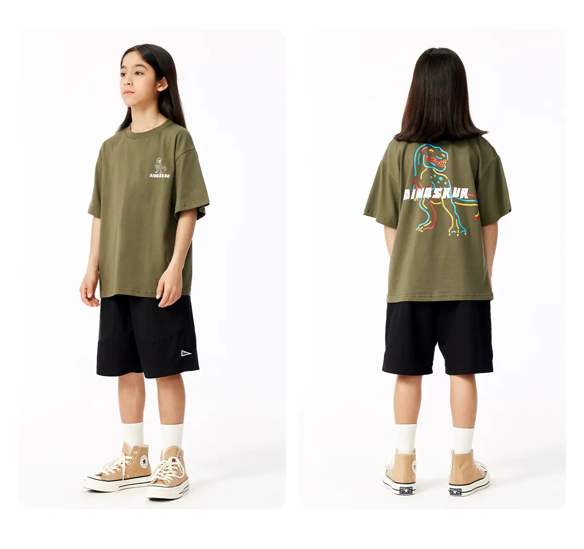 Kids Dinosaur Printed Cotton T-Shirt Olive Green — feature 15