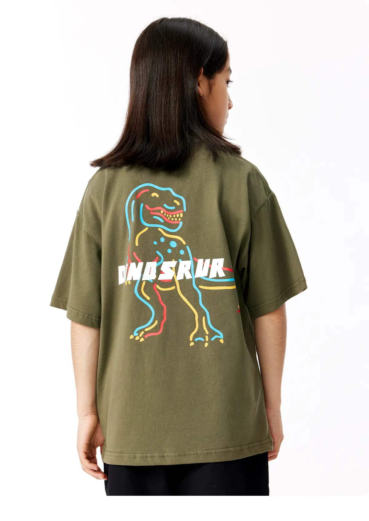 Kids Dinosaur Printed Cotton T-Shirt Olive Green — feature 17
